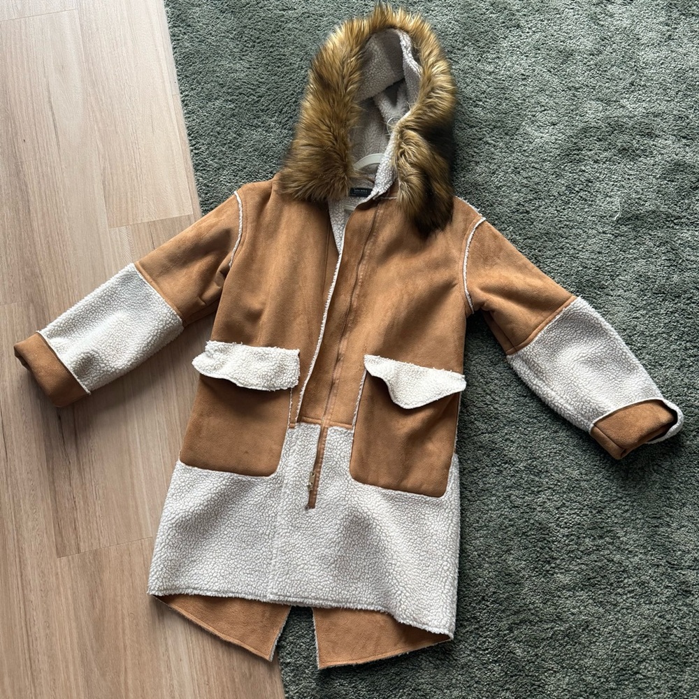 Zara Tan and Cream Hooded Puffer Jacket